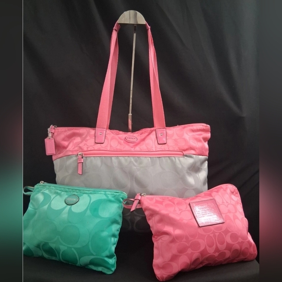 Coach Handbags - 3 Peice Coach Signature Nylon Pink & Gray Getaway Weekender Tote/Duffle Bag